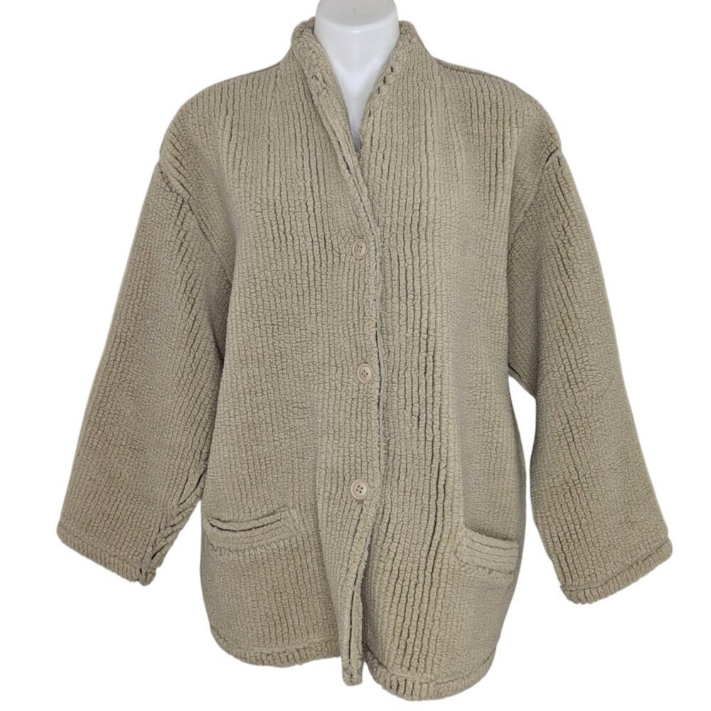 VTG Tan Ribbed Cozy Teddy Button Front Long Length Front Pocket Coat
